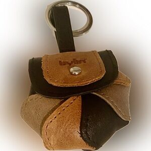 BYLIN ROUND BROWN/BLACK/TAN TULIP LEATHER KEYCHAIN. NEW WITHOUT TAGS